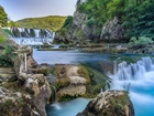 Wodospad, Skały, Góry, Drzewa, Bośnia, Hercegowina