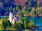 Kościół, Las, Jezioro, Bled, Słowenia