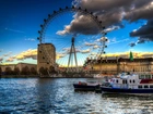 London Eye, Tamiza, Statki, Chmury, Londyn, Anglia