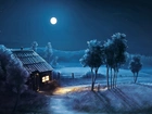 Dom, Drzewa, Noc, Księżyc