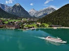 Tyrol, Góry, Jezioro, Achensee, Miasteczko, Pertisau, Statek, Wycieczkowy