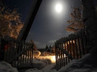 Zima, Noc, Księżyc, Drzewa, Brama, Ogrodzenie