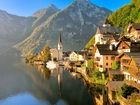 Jezioro, Góry, Hallstatt, Austria, Jesień