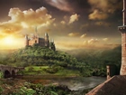 Fantasy, Zamek, Wzgórze, Rzeka, Most, Skały