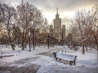 Zima, Moskwa, Uniwersytet, Park, Ławki, Śnieg