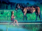 Dziewczyna, Koń, Rzeka, Trawy, Kładka