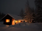 Dom, Śnieg, Drzewa, Noc