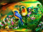 Kolorowe Ptaki, Gałązka, Kwiaty, Paintography