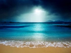 Ocean, Plaża, Noc, Poświata Księżyca
