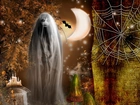 Halloween, Duch, Pajęczyna, Księżyc, Nagrobek, Świece, Nietoperz