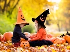 Jesień, Park, Dzieci, Czapki, Dynie, Halloween, Liście