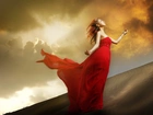 Kobieta, Czerwona, Sukienka, Pustynia, Ciemne, Chmury