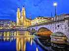 Rzeka Limmat, Most, Kościół Grossmunster, Zurych, Szwajcaria