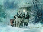 Zima, Konie, Zaprzęg, Śnieg