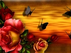 Róże, Motyle, Zachód Słońca, Art