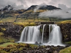 Wodospad, Góra, Mgła, Islandia