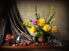 Żółte Róże, Winogrona, Tkanina, Bukiet Kwiatów, Kompozycja