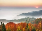 Jesień, Góry, Mgła, Zachód, Słońca, Drzewa