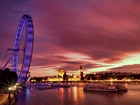 Londyn, London Eye, Rzeka, Wieczór, Światła