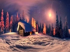 Zima, Śnieg, Domek, Drzewa, Noc, Księżyc, Blask