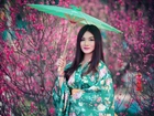 Brunetka, Kobieta, Makijaż, Kimono, Parasol, Kwiaty