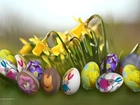 Kolorowe, Jajeczka, Żonkile, Kwiaty, Święta, Wielkanoc