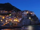 Włochy, Cinque, Terre, Manarola, Skały, Morze, Oświetlone, Domy