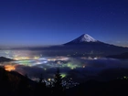 Japonia, Wulkan, Fudżi, Noc, Miasto, Mgła, Drzewa