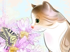 Kot, Motyl, Kwiaty, 2D
