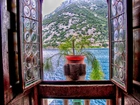 Chorwacja, Okno, Hotel, Kwiat, Jezioro, Góry