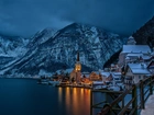 Jezioro, Alpy, Zabudowania, Zimowa, Noc, W, Hallstatt, Austria