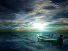 Łódka, Wędki, Morze,  Fale, Ciemne, Chmury
