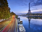 Francja, Paryż, Rzeka, Statki, Droga, Drzewa, Wieża ,Eiffla