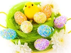 Wielkanoc, Kurczaczek, Jajka, Kwiaty
