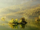 Jezioro, Wysepki, Drzewa, Mgła