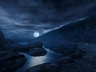 Góry, Rzeka, Księżyc, Noc