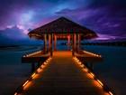 Malediwy, Oświetlony, Domek, Pomost, Morze, Zachód, Słońca