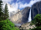 Wodospad, Drzewa, Yosemite, Kalifornia