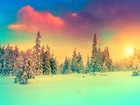 Zima, Śnieg, Las, Chmury, Wschód słońca