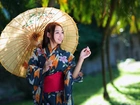 Uśmiechnięta, Azjatka, kimono, Parasolka
