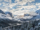 Zima, Góry, Lasy, Mgła, Yosemite, Kalifornia