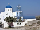 Santorini, Cerkiew, Morze, Roślinność, Grecja
