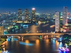 Rzeka, Most, Statki, Wieżowce, Panorama, Miasta, Bangkok, Tajlandia