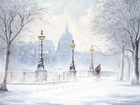 Obraz, Zima, Śnieg, Zakochani, Drzewa, Zabytki, Lampy