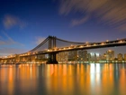 Most, Brookliński, Nowy Jork, USA, Miasto, Nocą, Rzeka, Manhattan