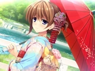 Dziewczyna, Kimono, Kwiaty, Parasol, Most, Rzeka, Tama, Las, Manga, Anime