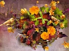 Jesienny Bukiet, Kwiaty, Liście, Ptaszki, Art