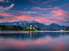 Góry, Jezioro, Bled, Kościół, Świt, Słowenia