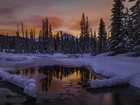 Zima, Las, Rzeka, Zachód Słońca, Banff, Kanada