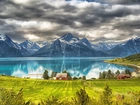 Jezioro, Góry, Łąki, Domy, Norwegia